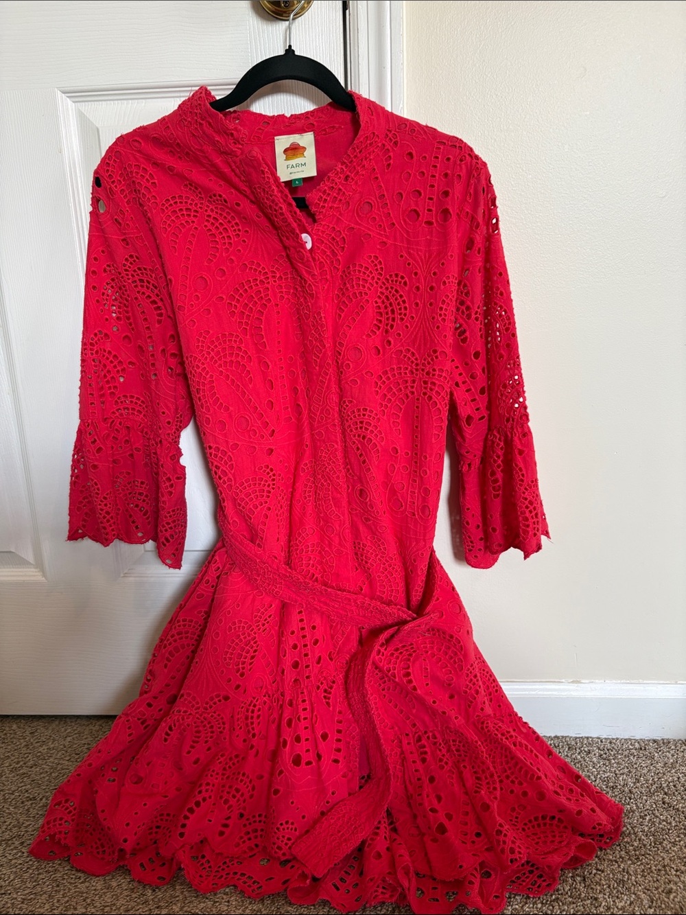 FARM Rio Vibrant Red Eyelet Midi Dress with Tie Waist